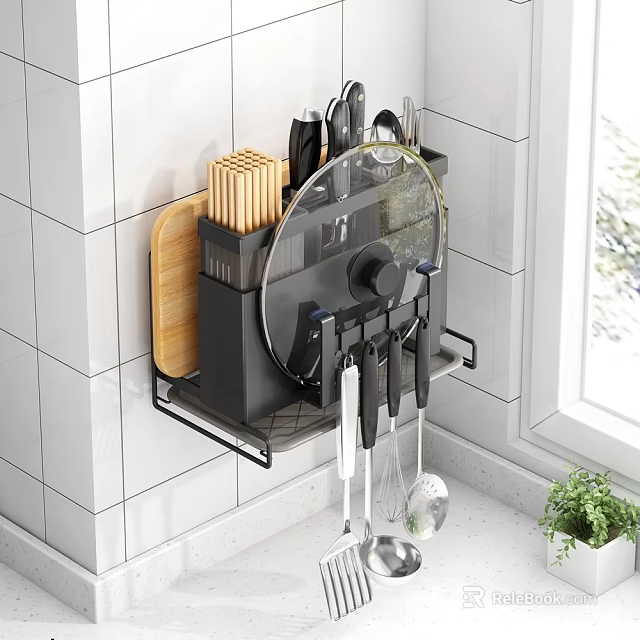 Modern Kitchen Wall Mounted Storage Rack With Knives Cutting Board And Pot Lid 3d model 