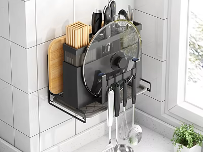 Modern Kitchen Wall Mounted Storage Rack With Knives Cutting Board And Pot Lid 3d model