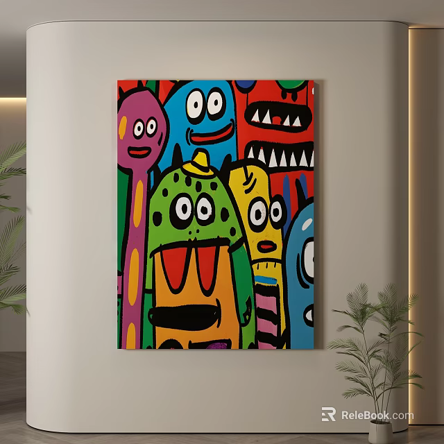 Colorful Abstract Wall Art With Playful Cartoon Monster Characters And Vibrant Colors 3d model 