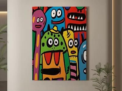 Colorful Abstract Wall Art With Playful Cartoon Monster Characters And Vibrant Colors 3d model