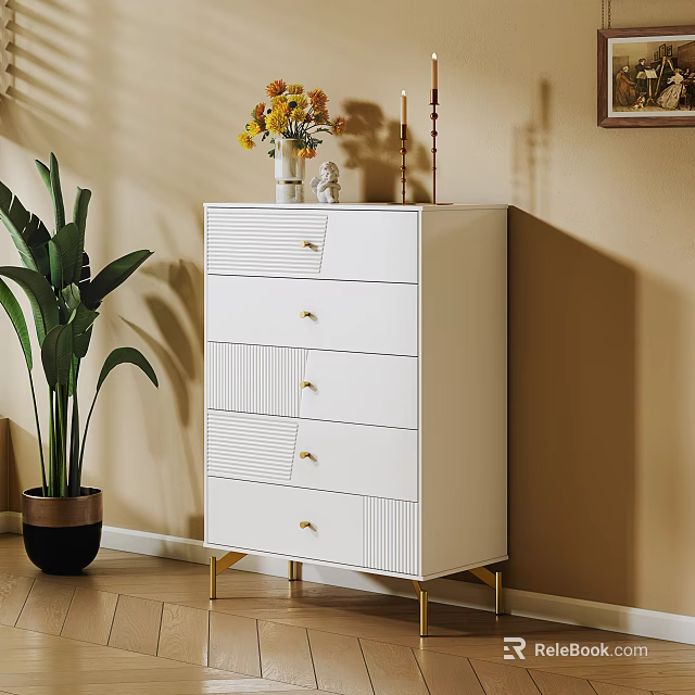 White Dresser With Golden Handles Vertical Stripe Drawers Decorative Items Green Plant On Beige Wall 3d model 