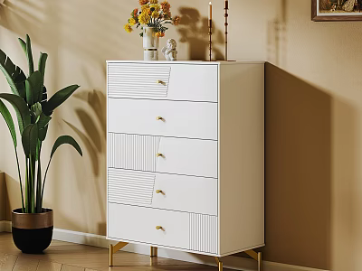 White Dresser With Golden Handles Vertical Stripe Drawers Decorative Items Green Plant On Beige Wall 3d model