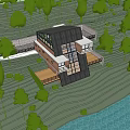 Modern Guesthouse Building With Large Windows On Sloped Terrain Surrounded By Trees And Pink Flowers