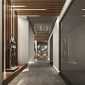 Modern Hotel Corridor Design With Wooden Ceiling Sculptures Artworks And Elegant Lighting