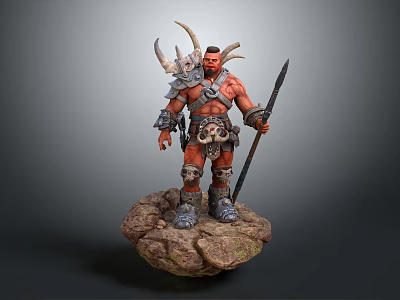 Fantasy Warrior Character With Creature Horns Spiked Armor And Spear On Rock Base 3d model