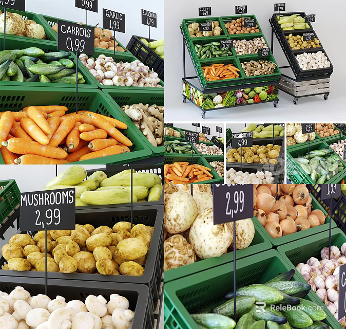 Fresh Vegetables Displayed at Market Stall with Price Tags and Green Crates 3d model 