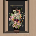 Colorful Flower Vase in Modern Interior Niche with Wooden Cabinet Linear Light and Painting