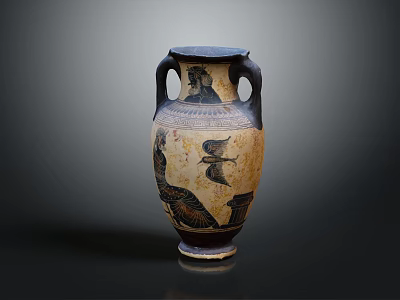 Ancient Greek Two Handled Amphora With Black Figure Characters And Bird Motifs On Dark Background 3d model