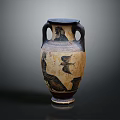 Ancient Greek Two Handled Amphora With Black Figure Characters And Bird Motifs On Dark Background