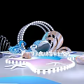 Contemporary Art Installation With Geometric Structures Blue Lighting And Transparent Elements