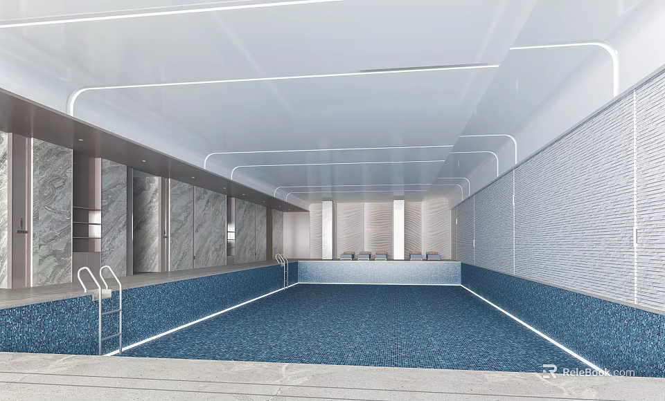 Modern Indoor Swimming Pool With Sleek Ceiling Lines Ceramic Tile Walls And Blue Water 3d model 