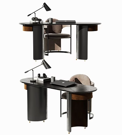Stylish Home Office Desk With Black Tabletop Laptop Lamp And Comfortable Chair 3d model