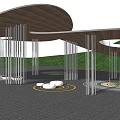 Modern Pergola With Curved Roof Metal Pillars And Trees In Outdoor Park Setting