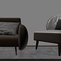 Modern Single Sofa Design With Brown Gray Fabric Checkered Pillow And Curved Armrest 3d model