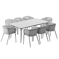 Modern Light Colored Upholstered Dining Chairs Around Marble Tabletop Dining Table
