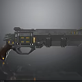 Futuristic Sci Fi Weapon Gun With Metallic Body Yellow Accents And Brown Grip