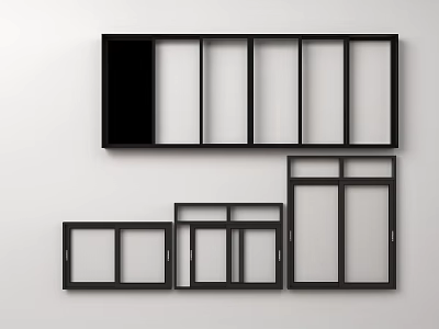 Black Window Frames In Various Sizes With Modern Design On White Background 3d model