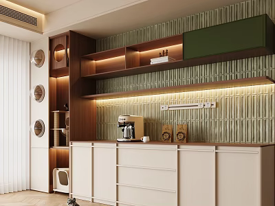 Modern Wooden White Sideboard With LED Lighting Decorative Shelves And Textured Wall 3d model