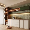 Modern Wooden White Sideboard With LED Lighting Decorative Shelves And Textured Wall