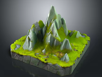 3D Rocky Mountain Landscape Model With Multiple Peaks Green Grass And Square Base 3d model