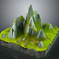3D Rocky Mountain Landscape Model With Multiple Peaks Green Grass And Square Base