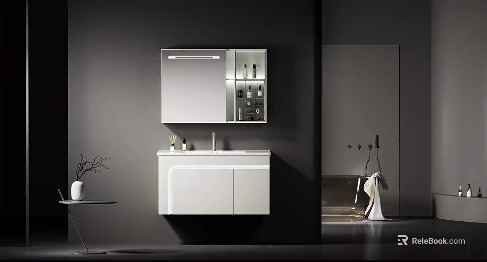 Modern Bathroom Washbasin Vanity With Wall Mounted White Cabinet And Storage Mirror Design 3d model 