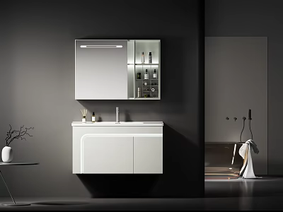 Modern Bathroom Washbasin Vanity With Wall Mounted White Cabinet And Storage Mirror Design 3d model