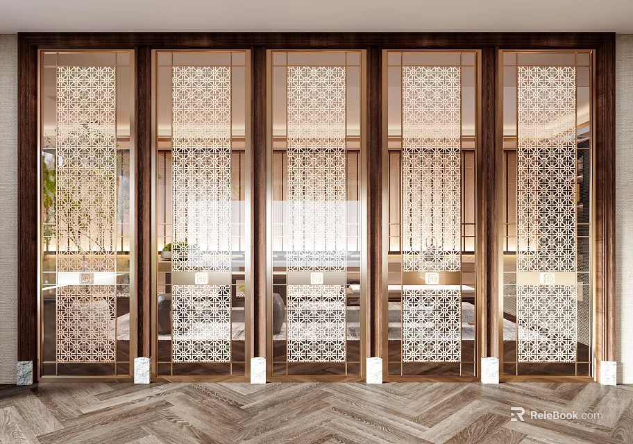 Modern Interior Decorative Screens With Wooden Frames Intricate Patterns And Warm Lighting 3d model 