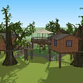 Multiple Wooden Tree Houses In Green Grass With Pathway And Wooden Structures