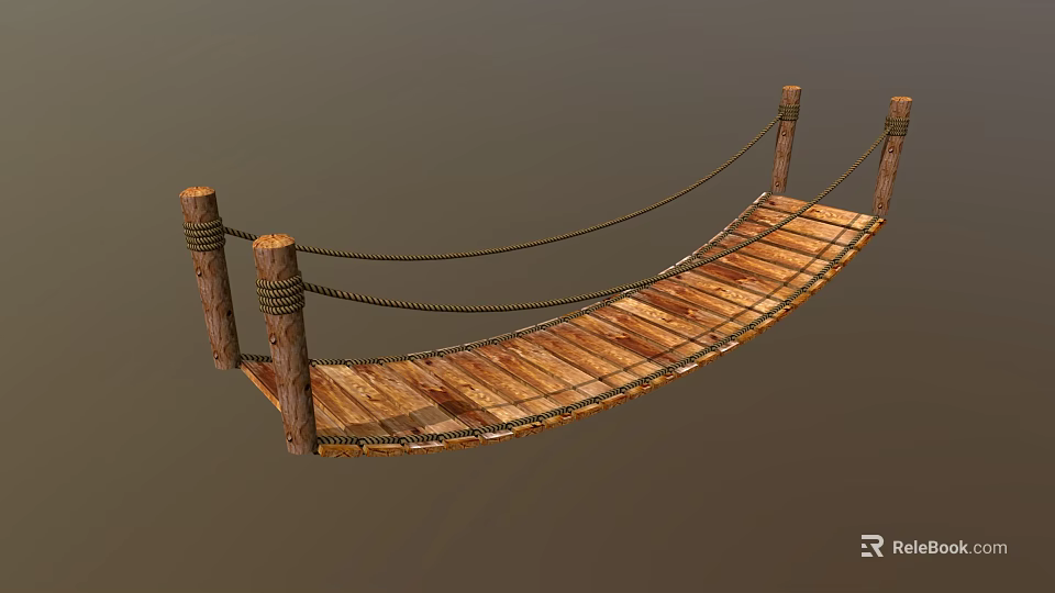 Rustic Wooden Suspension Bridge With Rope Railings Log Posts And Wooden Planks 3d model 