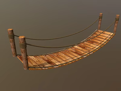 Rustic Wooden Suspension Bridge With Rope Railings Log Posts And Wooden Planks 3d model