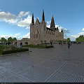 European Architecture With Tall Spires Pointed Towers Spacious Plaza And Lush Greenery Under Blue Sky