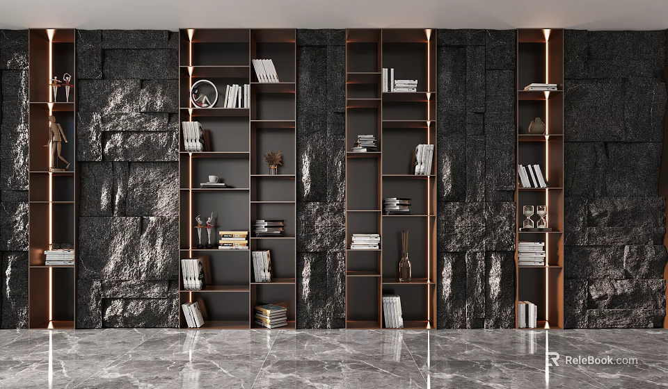 Modern Dark Wood Bookcase With Books Decorative Vases Sculptures And Lighting 3d model 