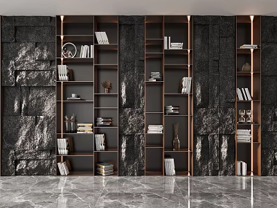 Modern Dark Wood Bookcase With Books Decorative Vases Sculptures And Lighting 3d model