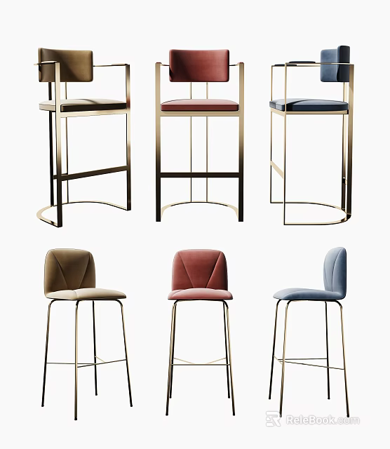 Modern Bar Stools with Metal Frames and Upholstered Seats in Brown Red Blue 3d model
