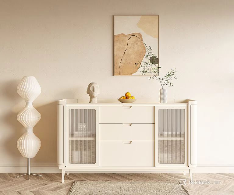 Minimalist White Sideboard With Drawers Glass Doors Sculpture Fruit Bowl Plant Floor Lamp Wall Art 3d model 