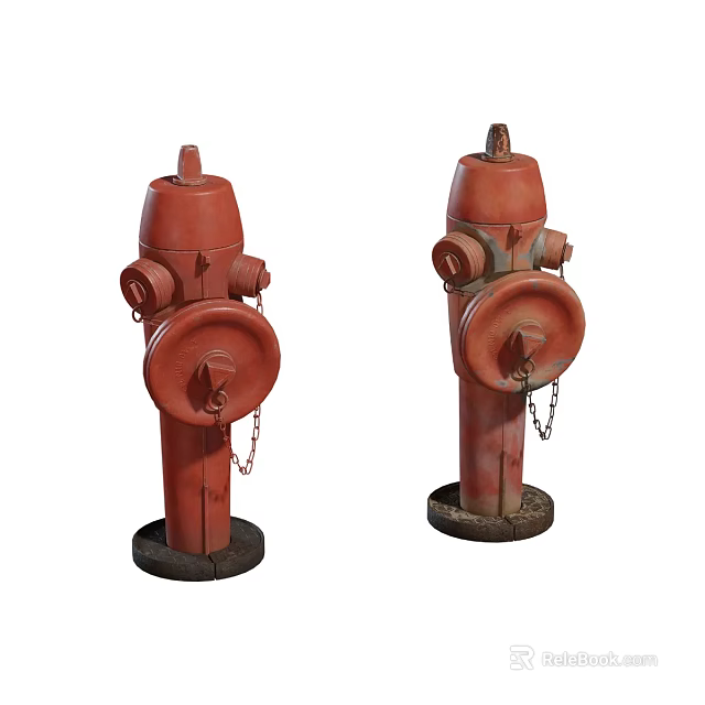 Two Red Fire Hydrants With Metal Chains As Essential Fire Fighting Equipment 3d model 