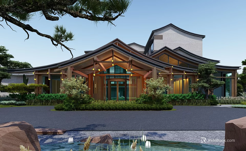 Garden Landscape With Traditional Roof Building Pond Stones Green Plants And Lighting 3d model 