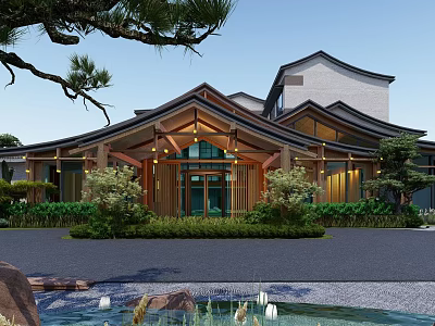 Garden Landscape With Traditional Roof Building Pond Stones Green Plants And Lighting 3d model
