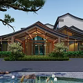 Garden Landscape With Traditional Roof Building Pond Stones Green Plants And Lighting