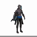 Shirtless Man With Light Hair Carrying Surfboard Over Shoulder Wearing Blue Loincloth Leg Armor Sandals