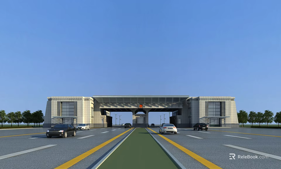Grand Stone Entrance Gate with Symmetric Buildings and Vehicles on Road 3d model 