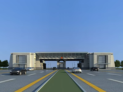 Grand Stone Entrance Gate with Symmetric Buildings and Vehicles on Road 3d model