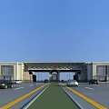 Grand Stone Entrance Gate with Symmetric Buildings and Vehicles on Road