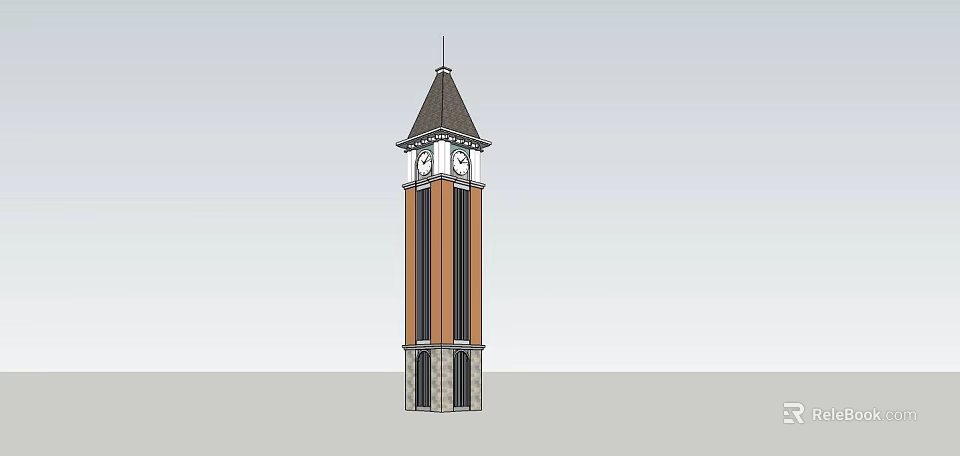 Classic Clock Tower With Steeple Brown And White Walls Stone Base And Clock Faces 3d model 