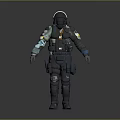 Game Movie Character Wearing Tactical Gear Helmet With Blue Yellow Details And Dark Color Palette