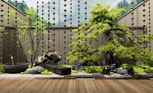 New Chinese Zen Courtyard Landscape Rain Chain Rain Guide Chain Water Bowl Stone Ting Step Pine Garden Plant Landscape 3d model