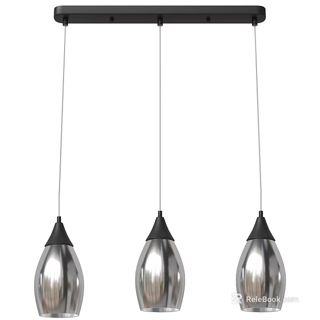 Three Modern Metallic Pendant Lights with Black Top and Sleek Silver Finish Hanging in Style 3d model 