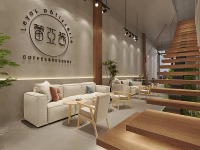 Modern Coffee Dessert Shop Interior Design With Wooden Stairs Sofa Tables And Plants 3d model