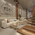 Modern Coffee Dessert Shop Interior Design With Wooden Stairs Sofa Tables And Plants